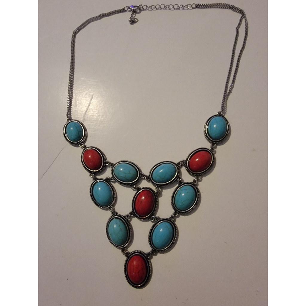 Southwestern Navajo Necklace Silver Tone Turquoise Blood Coral Cabochons Bib